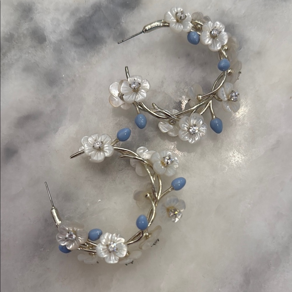 Floral Hoop Earrings with Blue and White Accents
